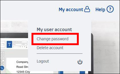 Benutzerkonto-Menü mit der Option „Passwort ändern“ hervorgehoben, sowie Optionen zum Löschen des Kontos und Abmelden.