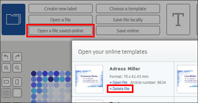 Schaltflächen zur Dateiverwaltung, einschließlich "Online gespeicherte Datei öffnen" und "Datei löschen", mit Vorlagenübersicht auf dem Bildschirm.