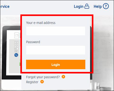 Anmeldeformular mit Feldern für E-Mail-Adresse und Passwort sowie einem Login-Button. Links sind Optionen für Passwort vergessen und Registrierung.