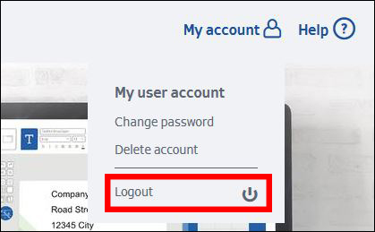 Dropdown-Menü für Benutzerkonto mit Optionen wie Passwort ändern, Konto löschen und einem hervorgehobenen Logout-Button.