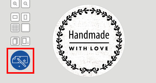 Rundes Logo mit dem Text "Handmade with Love" umgeben von einem dekorativen Kranz. Links ein Symbol für Designwerkzeuge.